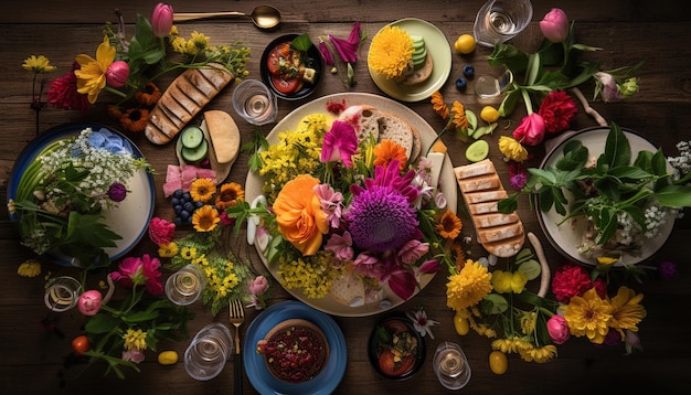 Widok z góry stołu przygotowanego z tradycyjnymi potrawami z okazji Paschy