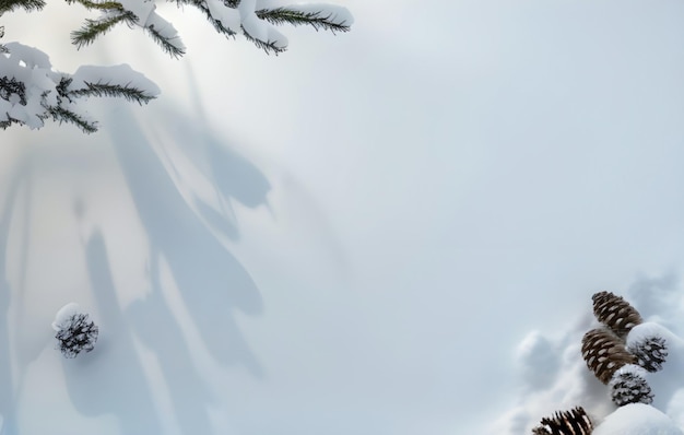 widok z góry świąteczne dekoracje śnieżna szyszka i gałąź z wygenerowaną ai przestrzenią do kopiowania