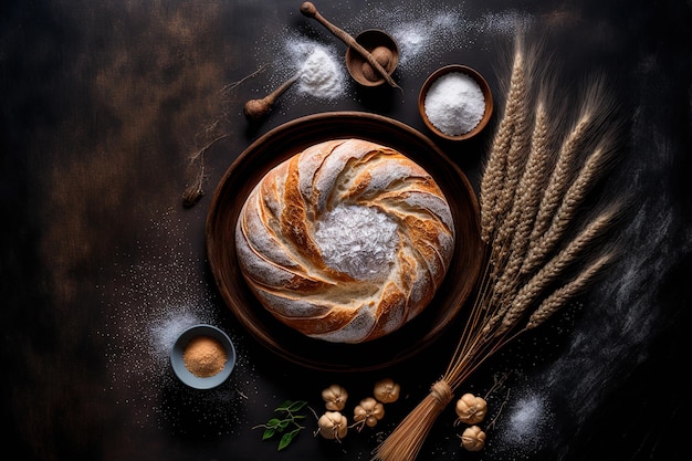 Widok z góry świeżego chleba z kłosami mąki i pszenicy na ciemnej desce