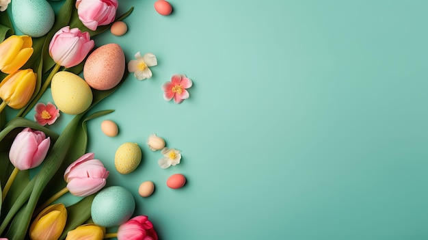 Widok z góry szczęśliwego wielkanocnego tła z tulipanami i dekoracyjnymi jajkami w różnych kolorach