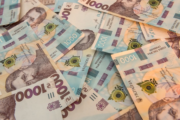 Widok Z Góry Tło Z Nowym Banknotem Ukrainy 1000, Uah. Tło Finansowe