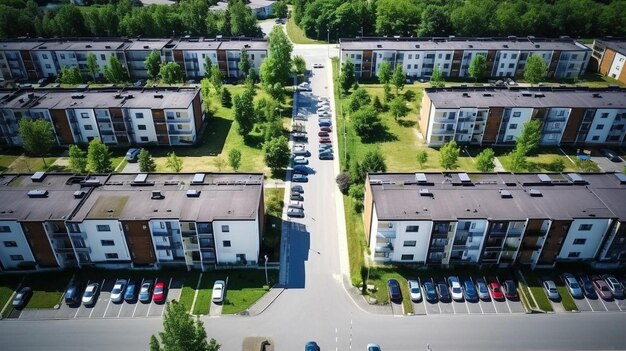 Zdjęcie widok z góry ulicy z parkingiem w pobliżu nowego kompleksu mieszkaniowego