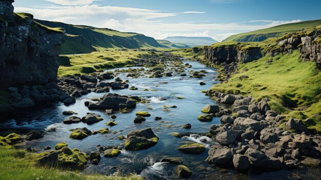 Widok z góry wodospadu przepływającego przez małą rzekę wzdłuż górskiej doliny na Islandii