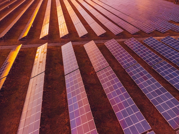 Widok z góry z lotu ptaka na panele słoneczne elektrowni fotowoltaiczne panele słoneczne o wschodzie i zachodzie słońca w