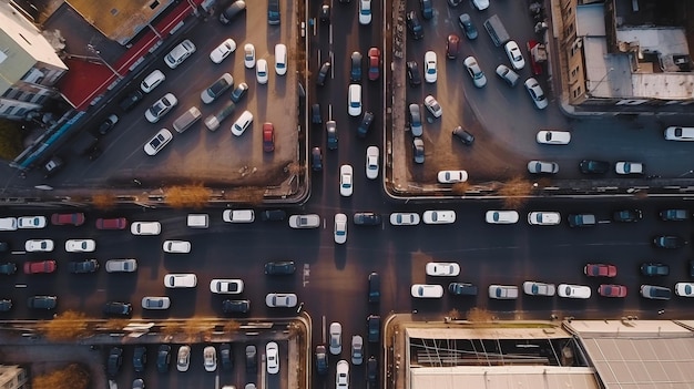 Widok z góry z lotu ptaka na skrzyżowanie dróg z góry z ruchem samochodowym i koncepcją transportu w korku oraz generatywną sztuczną inteligencją