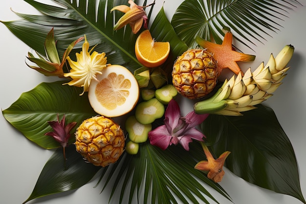 Zdjęcie widok z góry z różnorodnymi świeżymi tropikalnymi owocami, liśćmi palm na białym tle