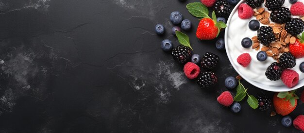 Zdjęcie widok z góry zdjęcie greckiego jogurtu i muesli ze świeżymi jagodami na czarnym kamiennym stole it
