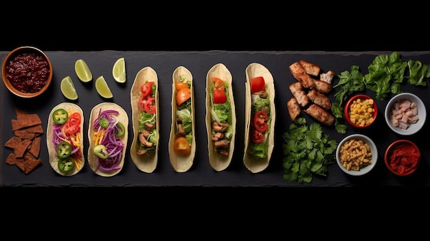 Widok z góry zdjęcie różnych meksykańskich tacos na czarnym tle