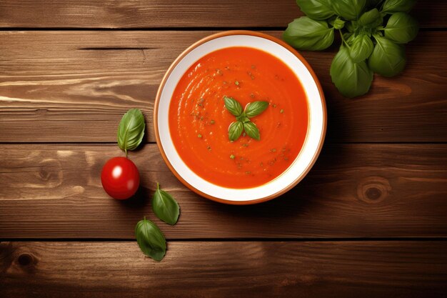 Zdjęcie widok z góry zupy pomidorowej na drewnianym stole