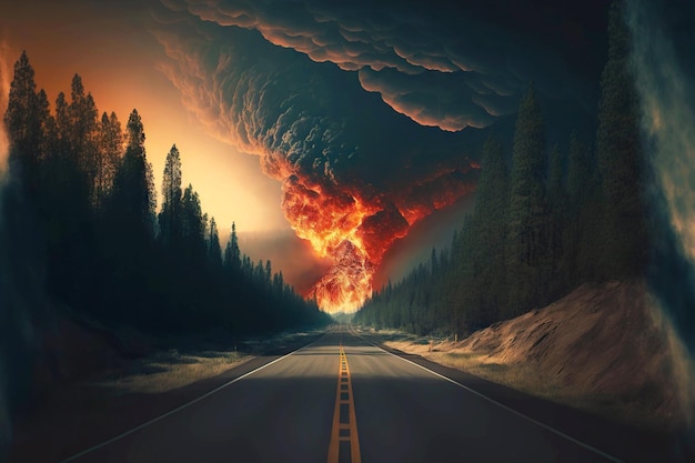 Widok z jezdni na las płonący w pożarze koncepcja klęski żywiołowej stworzona za pomocą generatywnej ai