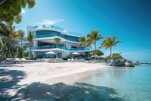 Widok z laguny morskiej na piękny luksusowy biały hotel na plaży z palmami pod niebieskim niebem
