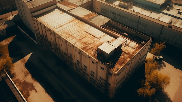 Widok z lotu ptaka budynku przemysłowego z dużą ilością rdzy na dachu.