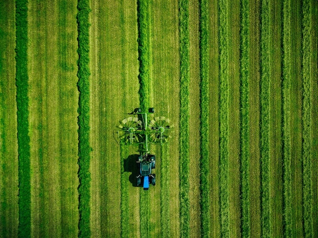 Widok z lotu ptaka ciągnika koszącego zielone pole w lecie Finlandia