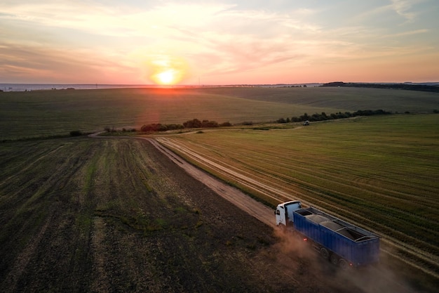 Widok z lotu ptaka ciężarówki jadącej po polnej drodze między polami pszenicy rolniczej, które wytwarzają dużo kurzu Transport ziarna po zbiorze przez kombajn zbożowy podczas sezonu żniwnego