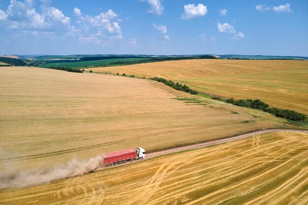 Widok z lotu ptaka ciężarówki jazdy na polnej drodze między polami pszenicy rolniczej, co powoduje dużo kurzu. Transport ziarna po zbiorze kombajnem w okresie żniwnym.