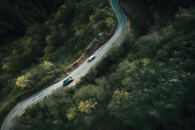Widok z lotu ptaka droga asfaltowa i zielony las Leśna droga przechodząca przez las z samochodem przygoda widok z góry Ekosystem i ekologia koncepcje zdrowego środowiska i tło