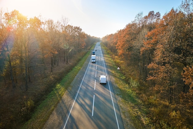 Widok Z Lotu Ptaka Drogi Międzymiastowej Z Szybkimi Samochodami Między Jesiennymi Drzewami Leśnymi O Zachodzie Słońca Widok Z Góry Z Drona Ruchu Na Autostradzie Wieczorem