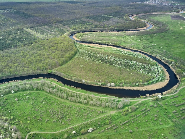 Widok z lotu ptaka drona na duży zielony meadoq i las oraz dużą błękitną rzekę