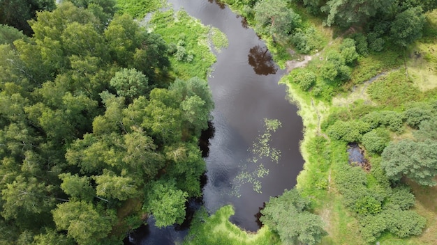 Widok z lotu ptaka drona na zielony las i płynącą rzekę. Piękny krajobraz sezon letni z zielonymi drzewami. Rosja, region moskiewski. Camping i piesze wycieczki na zewnątrz stylu życia stock photography.