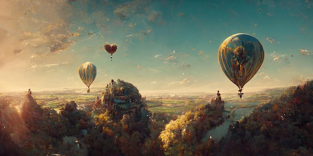 Widok z lotu ptaka europejskiego krajobrazu z balonu na ogrzane powietrze z zakochaną parą, renderowanie 3d