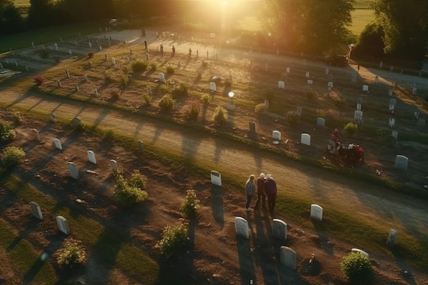 Widok z lotu ptaka grupy ludzi na cmentarzu o zachodzie słońca