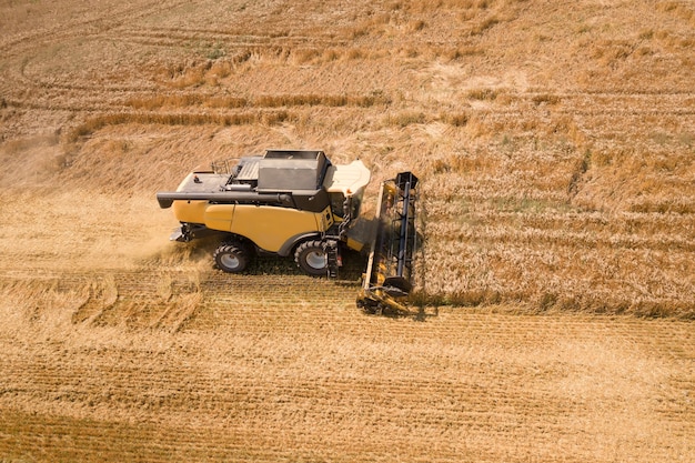 Widok z lotu ptaka kombajnu do zbioru duże pole dojrzałej pszenicy. Rolnictwo z widoku drona.