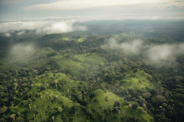 Widok z lotu ptaka lasów deszczowych Amazonii z mglistymi chmurami w tle