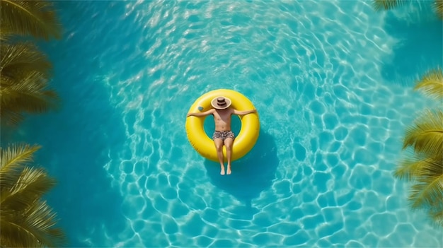 Widok z lotu ptaka młoda kobieta w bikini i kapeluszu relaksuje na nadmuchiwanym pierścionku w pływackim basenie na słonecznym d