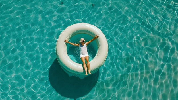 Widok z lotu ptaka młoda kobieta w bikini i kapeluszu relaksuje na nadmuchiwanym pierścionku w pływackim basenie na słonecznym d