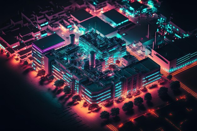 Widok z lotu ptaka na abstrakcyjne neonowe miasto Koncepcja technologiczna nocnego pejzażu z niebieskimi światłami w stylu synthwave Wygenerowana sztuczna inteligencja