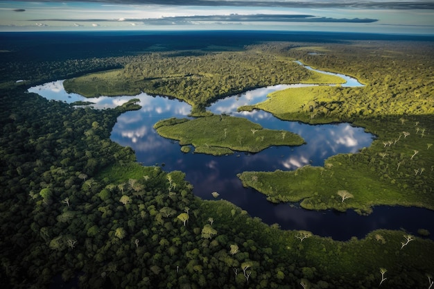 Widok z lotu ptaka na amazonki z widocznymi roślinami i zwierzętami z lasów deszczowych i rzek