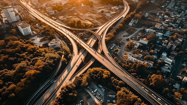 Zdjęcie widok z lotu ptaka na autostradę i wiadukt o wschodzie słońca w mieście nowoczesny projekt konstrukcyjny sposobów ruchu, aby uniknąć korków generacyjna ai