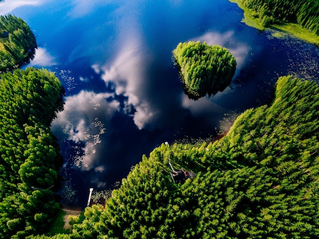 Widok z lotu ptaka na błękitne jezioro z wyspą i zielonymi lasami w słoneczny letni dzień w Finlandii Fotografia dronowa