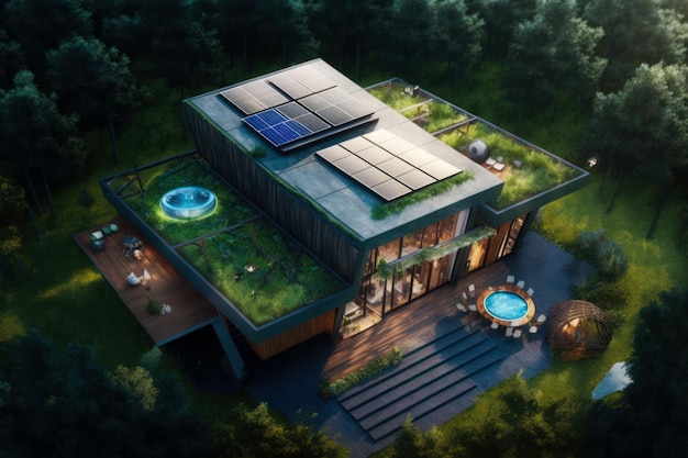 Widok z lotu ptaka na dom z panelami słonecznymi na dachu Generative AI