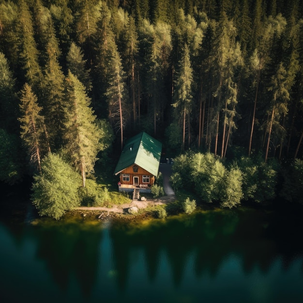 Widok z lotu ptaka na drewnianą chatę w zielonym sosnowym lesie nad błękitnym jeziorem w wiejskim letnim generatywnym ai