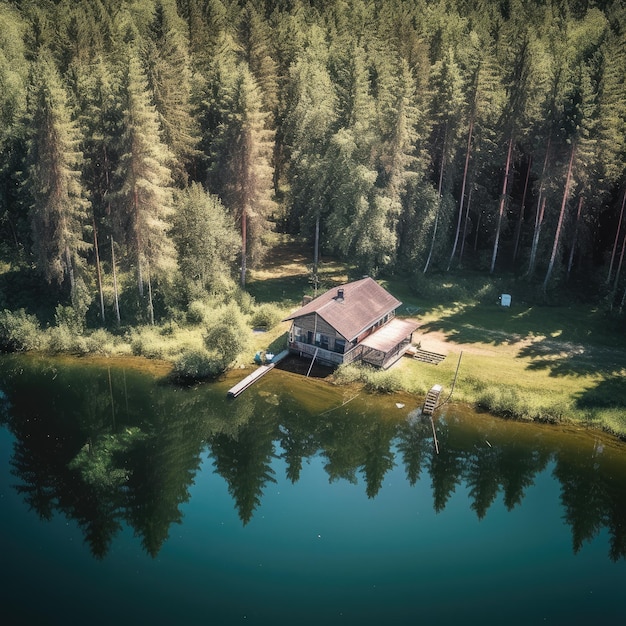 Widok z lotu ptaka na drewnianą chatę w zielonym sosnowym lesie nad błękitnym jeziorem w wiejskim letnim generatywnym ai