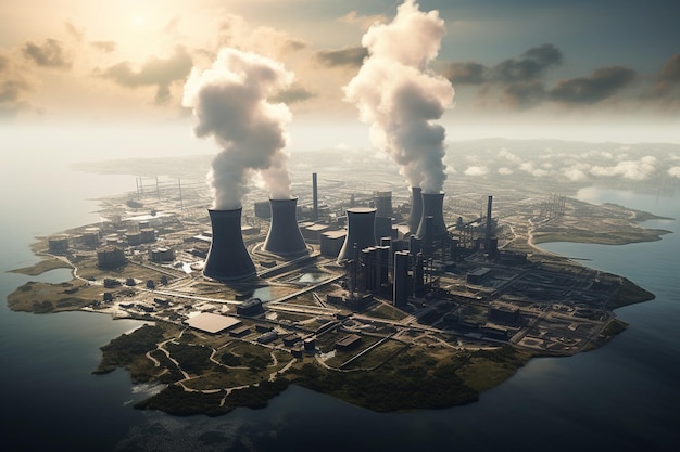 Widok z lotu ptaka na elektrownię jądrową z dymiącymi kominami Generacyjna sztuczna inteligencja