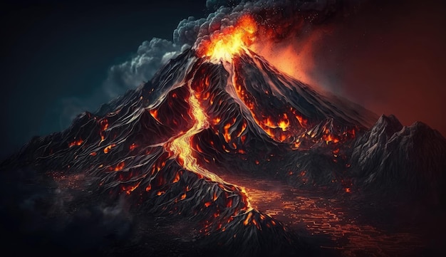 Widok z lotu ptaka na erupcję wulkanu z lawą płynącą na skalnym górskim tle magmy Generative Ai
