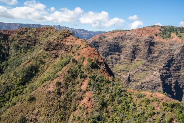 Widok z lotu ptaka na kanion Waimea i krajobraz hawajskiej wyspy Kauai z lotu helikopterem