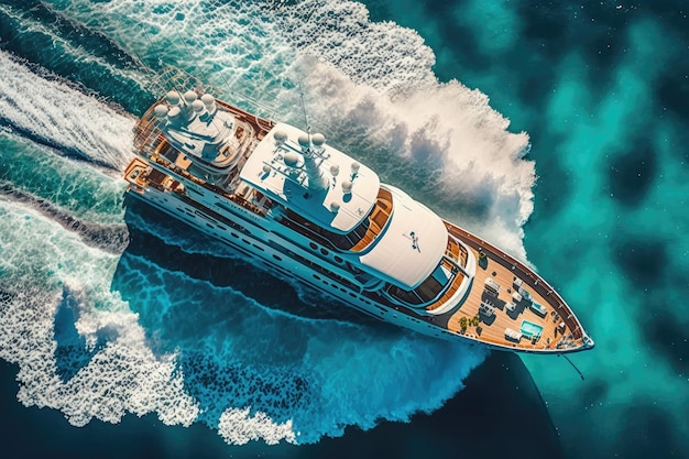 Widok z lotu ptaka na luksusowy jacht otoczony spokojnymi, błękitnymi wodami ze świecącym słońcem, stworzony za pomocą generatywnej ai