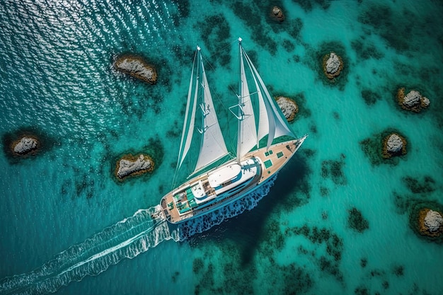 Widok z lotu ptaka na luksusowy jacht pływający po krystalicznie czystej, błękitnej wodzie stworzony za pomocą generatywnej ai
