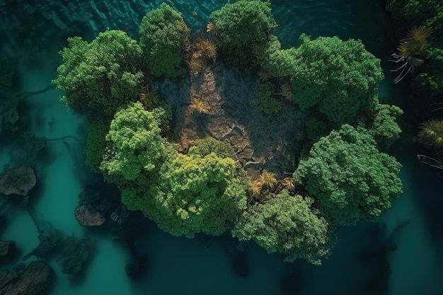 Widok z lotu ptaka na małą wyspę z drzewami.