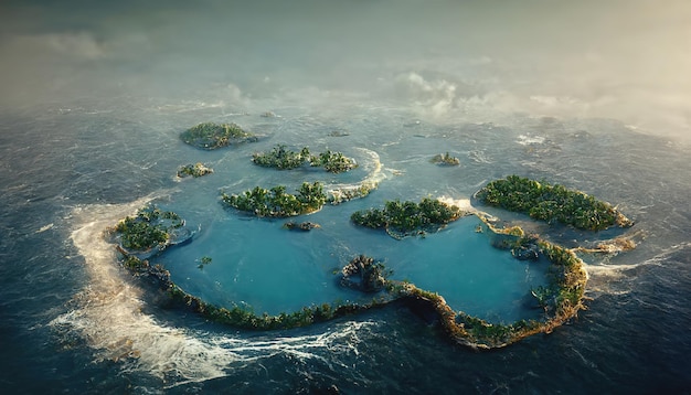 Widok z lotu ptaka na małe egzotyczne wyspy atolu na otwartym morzu oceanu Piękny krajobraz przyrody