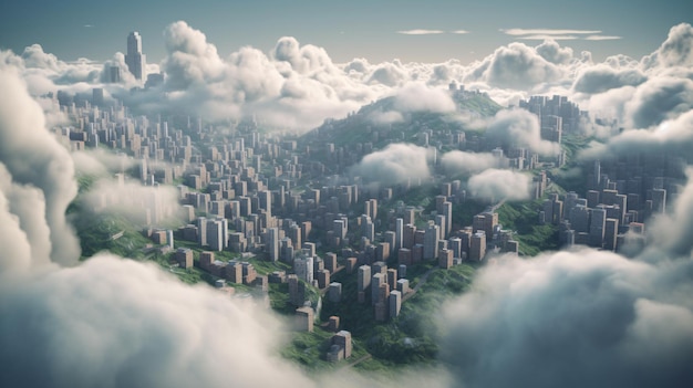 Widok z lotu ptaka na miasto otoczone chmurami