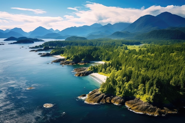 Widok z lotu ptaka na morze i góry Piękna przyroda Norwegii Krajobraz Tofino pokryty zielenią otoczoną morzem na wyspach Vancouver Kanada AI Wygenerowano