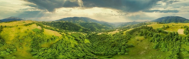 Widok z lotu ptaka na niekończące się bujne pastwiska Karpat i gruntów rolnych Uprawiane pola uprawne Wiejski krajobraz górski o zachodzie słońca Ukraina