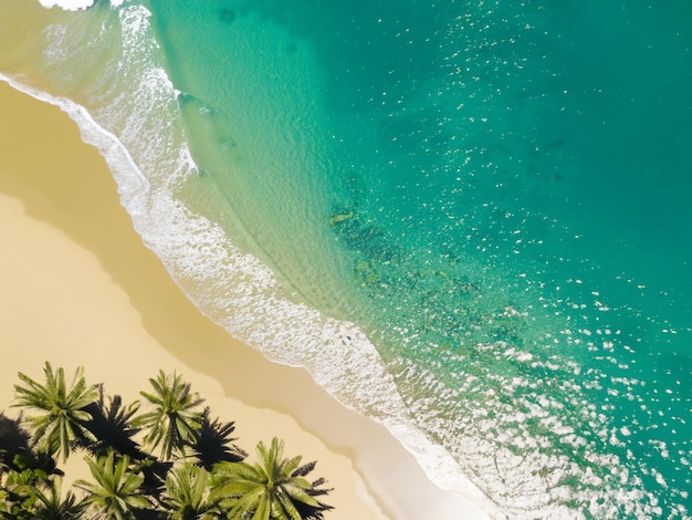 Widok z lotu ptaka na piaszczystą plażę palmy i ocean