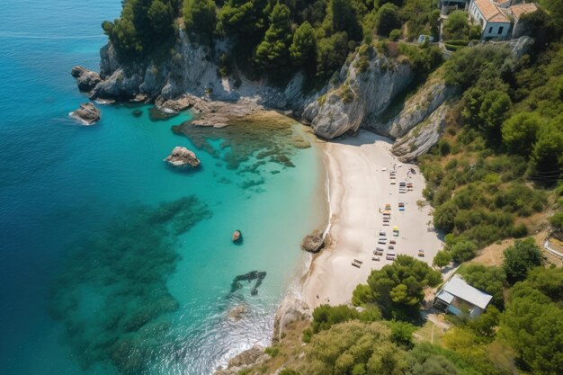 Widok z lotu ptaka na piaszczystą plażę z łodziami w wodzie generatywne AI