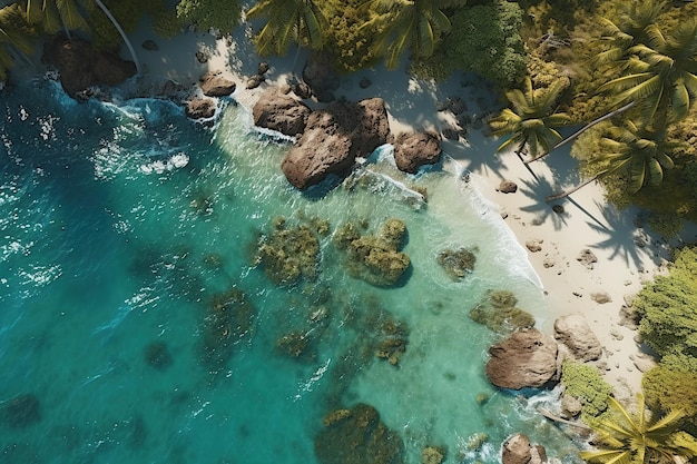 Widok z lotu ptaka na piękną tropikalną plażę z turkusową wodą oceaniczną i piaskiem