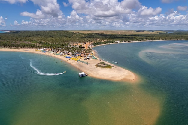 Widok z lotu ptaka na plażę Gunga lub „Praia do Gunga”, z czystą wodą i palmami kokosowymi, Maceio, Alagoas. Północno-wschodni region Brazylii.